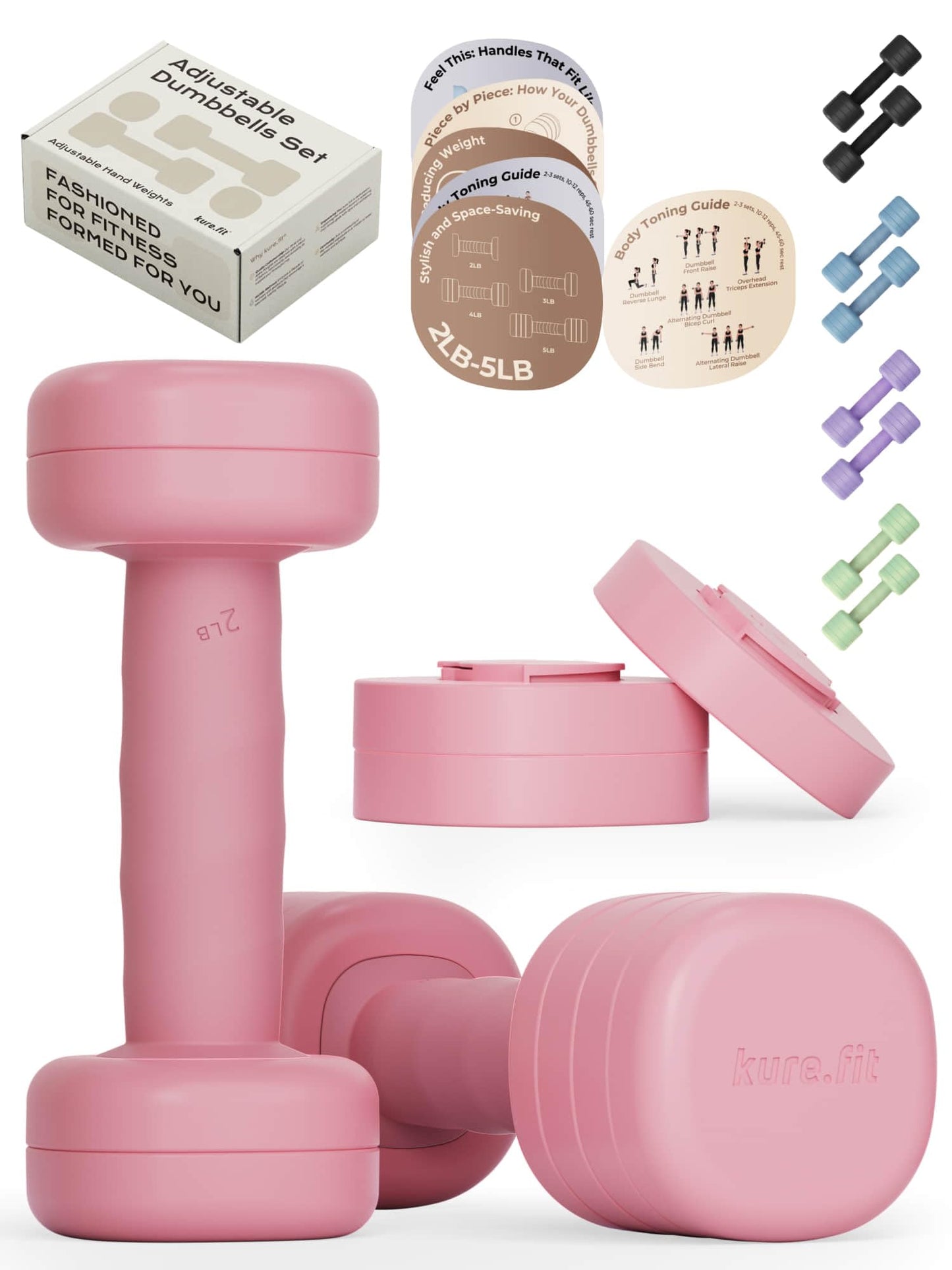 kure.fit Adjustable Dumbbell Set｜2LB 3LB 4LB 5LB Light Hand Weights for Women｜One-Twist Weight Adjustment｜Non-Slip Curved Grip Handle｜Free Weights for Home Gym, Rehab, Pilates, Yoga, Strength Training