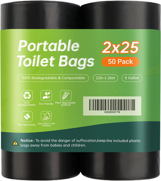 50 portable toilet bags for camping, 8 Gallon 1.3 Mil Thickened Compostable Toilet Replacement Bags for Portable Potty, trash Bags for Outdoor Hiking Boating Car Travel