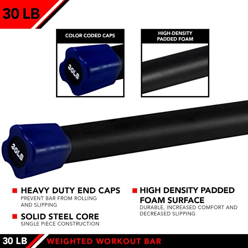 JFIT Weighted Workout Bar with Rubber Padding, 60”, 30 LB, Navy/Black (20-7530)