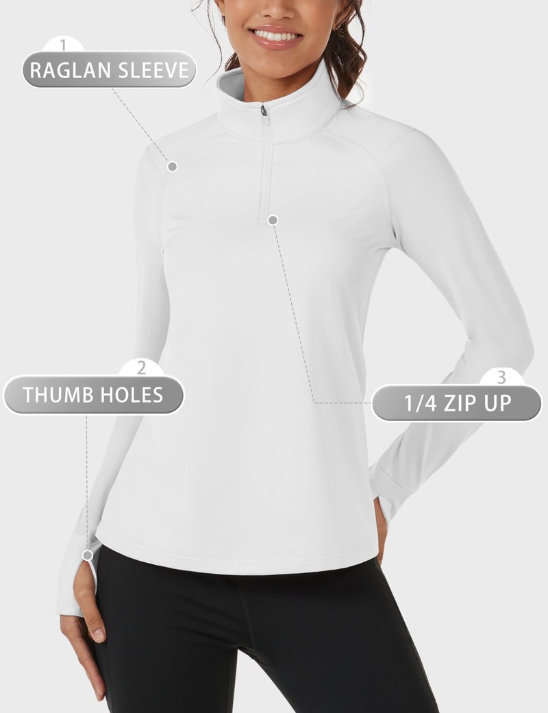 Cavva Women's Running Shirt Fleece Quarter Zip Pullover Long Sleeve Thermal Shirt with Thumb Holes Athletic Top White,S