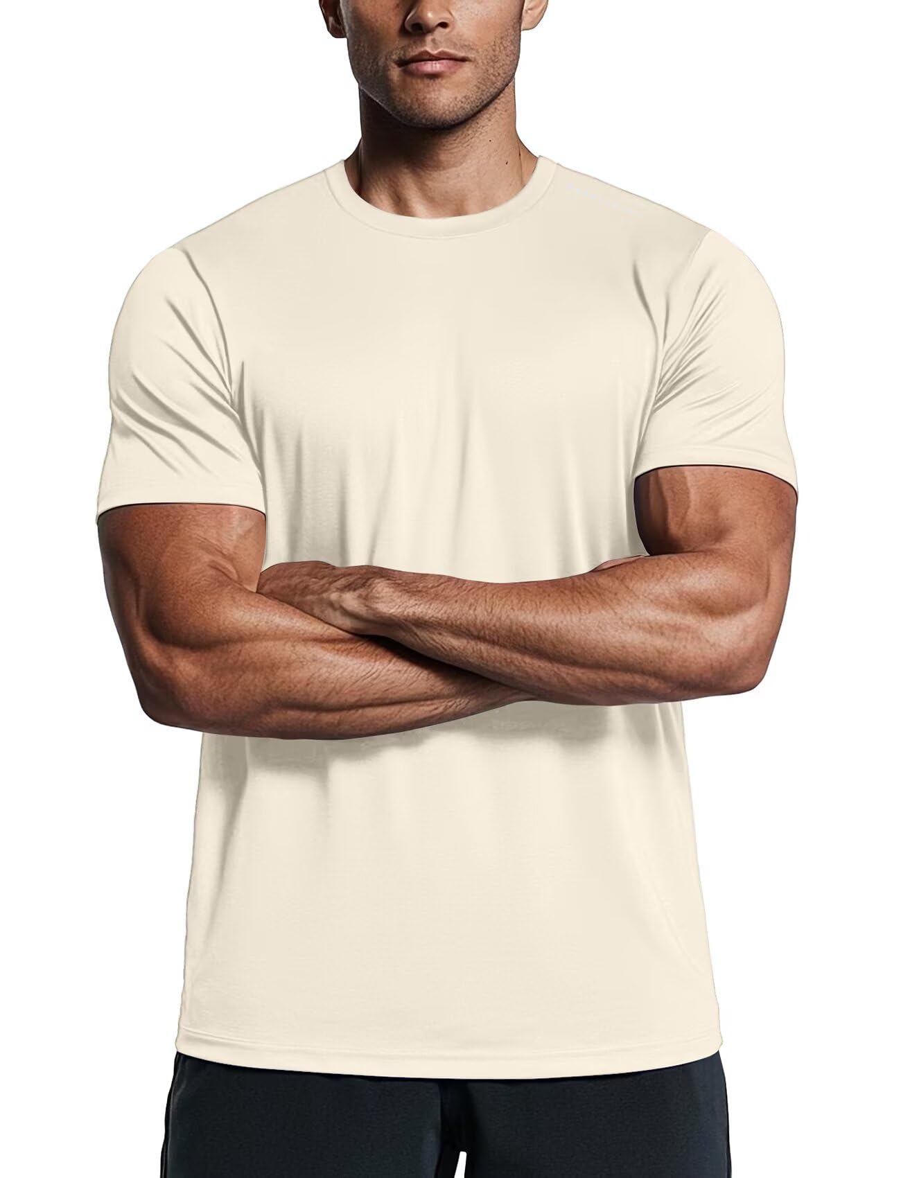 Zengjo Mens Athletic Shirts Moisture Wicking Short Sleeve Quick Dry Workout T-Shirt for Gym Running Exercise(Light Beige,Large)