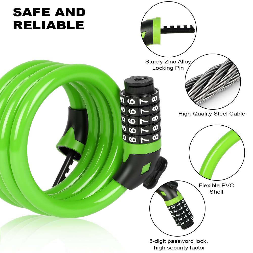 Ainiv Bike Lock, 4 FT/120cm Bike Lock Cable with Mounting Bracket, Portable Anti Theft 5 Digits Codes Cable Locks, Resettable Combinations Bicycle Lock for Bike, Motorbike, Scooter, Gate(Green)