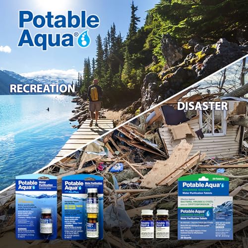 Potable Aqua Water Purification Tablets with PA Plus, Portable and Effective Water Purification Solution for Camping, Hiking, Emergencies, Natural Disasters and International Travel, Two 56ct Bottles