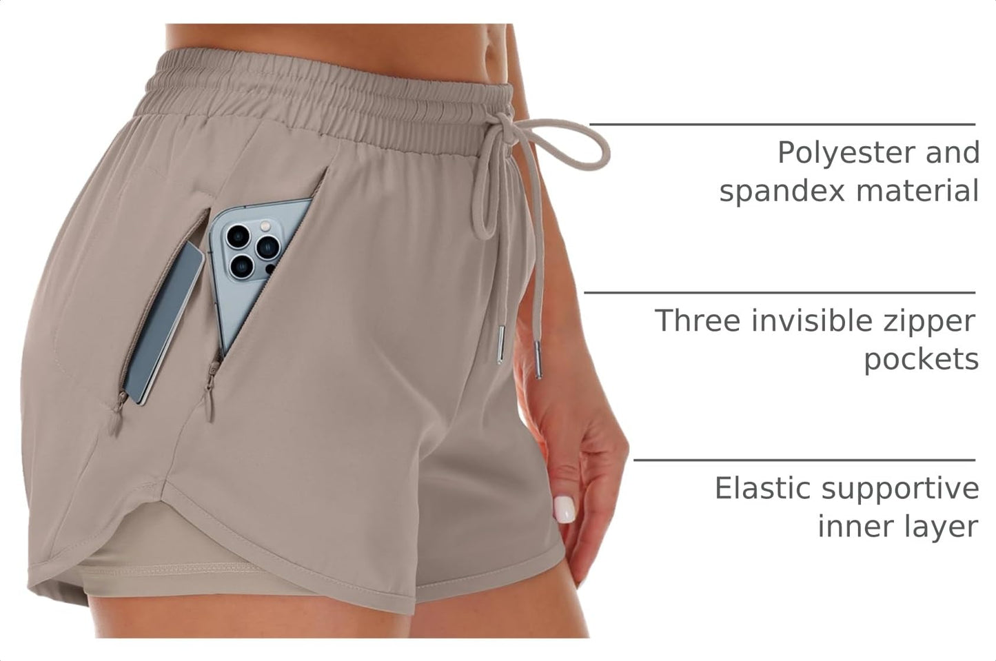 Mancreda Women's Running Shorts with Liner 3 Zipper Pockets Elastic Workout Athletic Gym Yoga Shorts(CA,XXL) Khaki