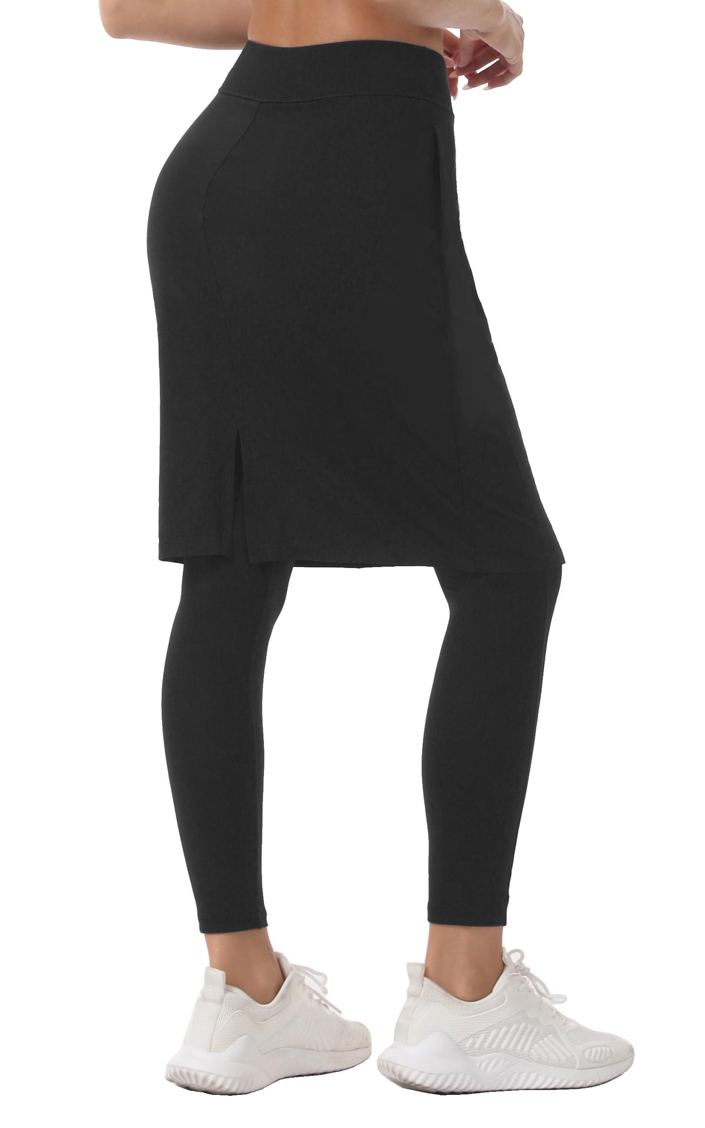 HOKOYI Women 23" Athletic Knee Length Skirt with Full Leggings Attached Pockets Workout Modest Skirted Capris bk m Black