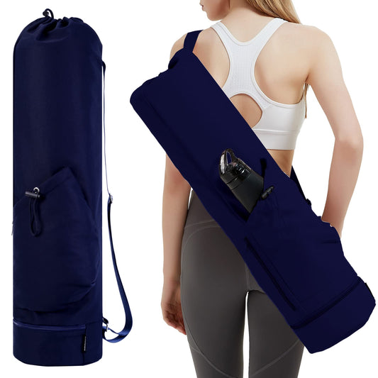 sportsnew Yoga Mat Bag with Water Bottle Pocket and Bottom Wet Pocket, Exercise Yoga Mat Carrier Multi-Functional Storage Bag, Navy