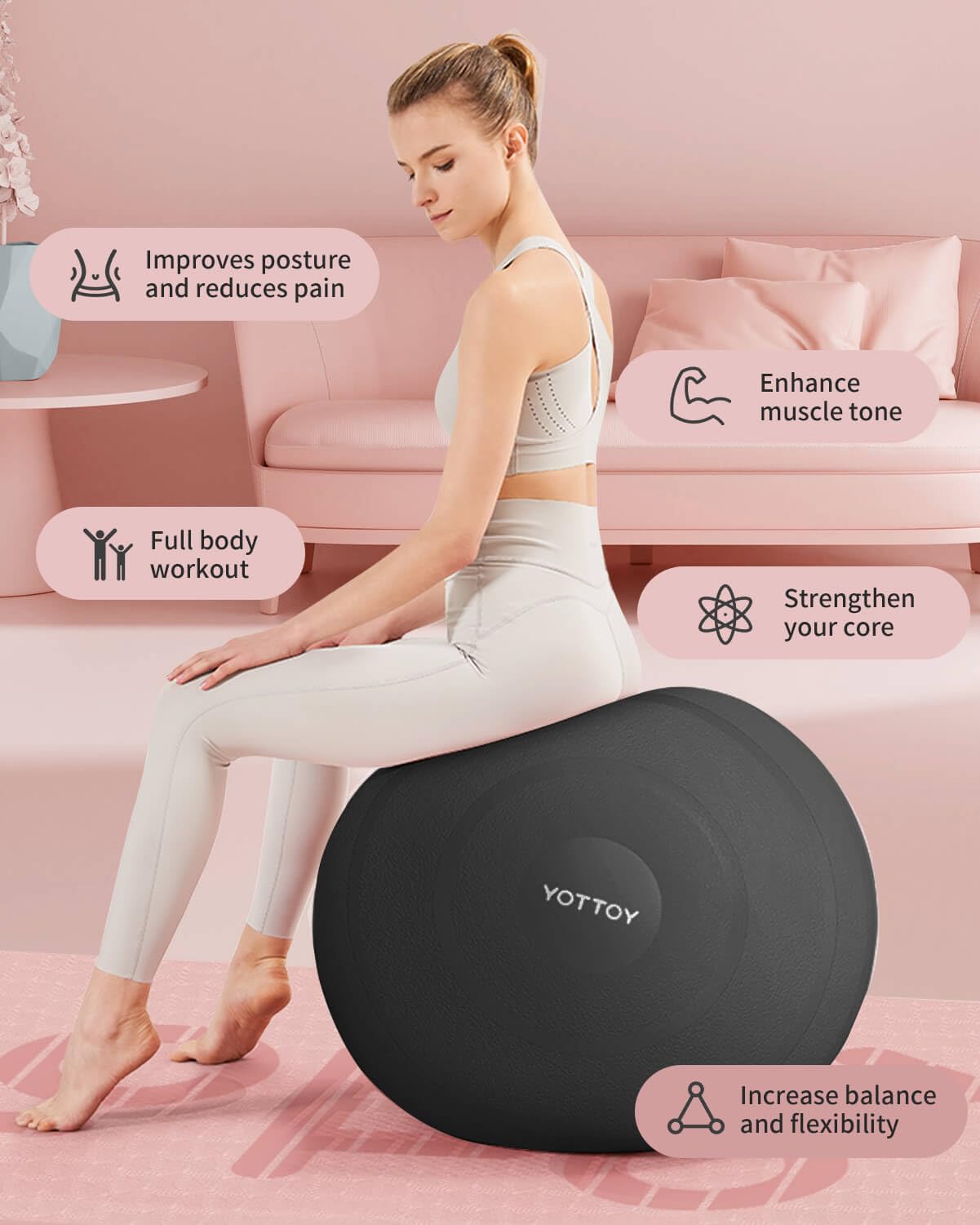 YOTTOY Anti-Burst Exercise Ball for Working Out, Yoga Ball for Pregnancy,Extra Thick Workout Ball for Physical Therapy,Stability Ball for Ball Chair Fitness with Pump (Dark)