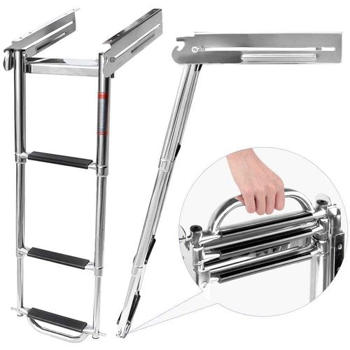 Marinebaby 3-4 Step Ladder Under Platform Slide Mount Boat Boarding Ladder, Telescoping Ladder with a Carry Handle and Mounting Screws, Press-Type Spring Latch (3 Steps)