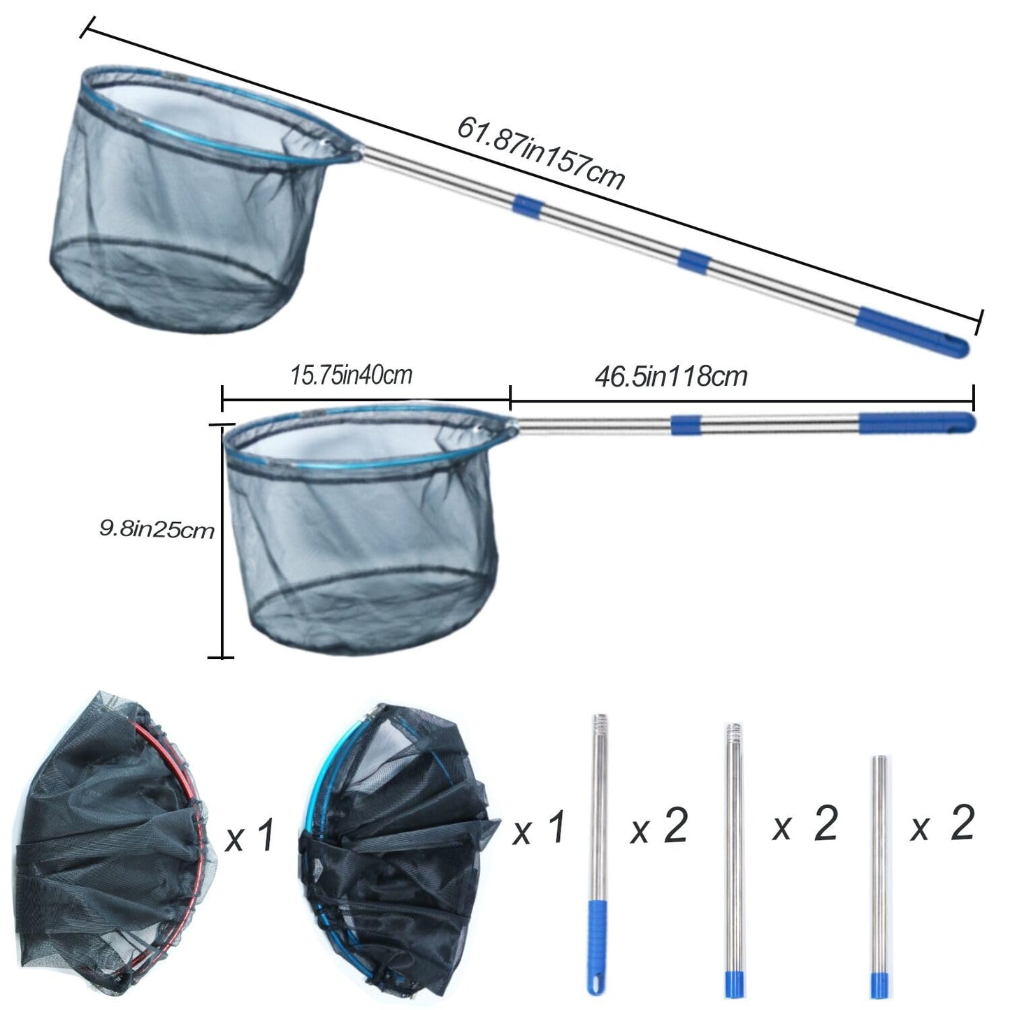 Fishing Nets 2 Pack Removable Lightweight Landing Net with Stainless Steel Pole Handle for Catching and Releasing Butterfly Nets (Blue + Red)