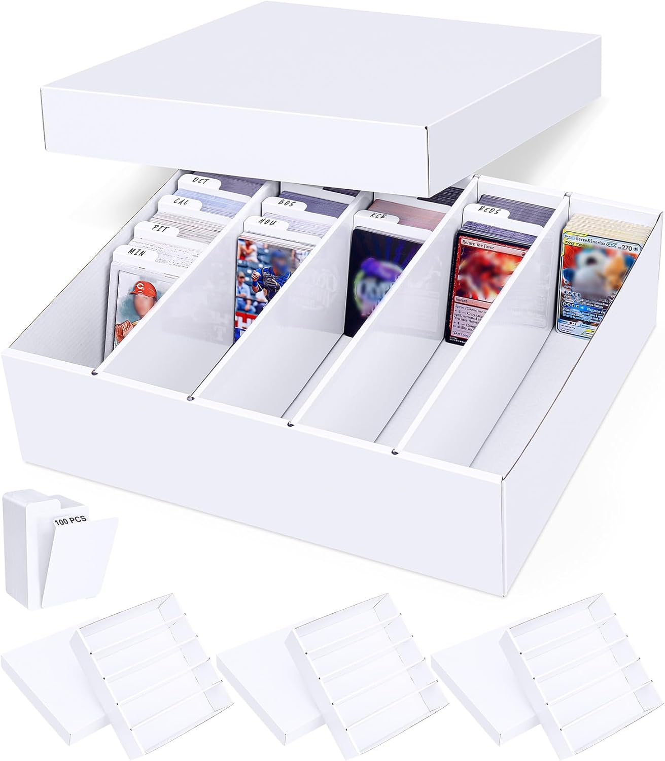 Trading Card Storage Box - 5 Row Cardboard Organizer with Dividers | 4 Pack for MTG, TCG, Sports Cards
