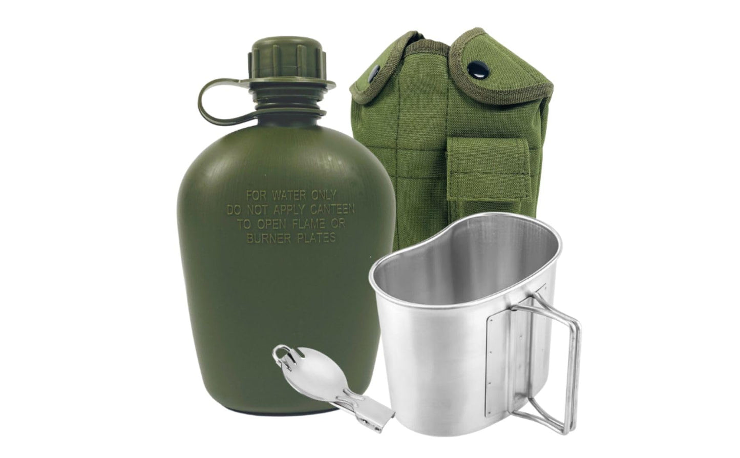 BeGrit Military Canteen Army Canteen WWII US G.I. Style Canteen Kit with Aluminum Cup Stainless Steel Foldable Spoon Fork for Hiking Backpacking Camping, 1 Quart Green