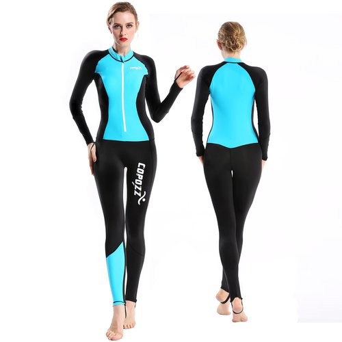 COPOZZ Diving Skin, Men Women Youth Thin Wetsuit Rash Guard- Full Body UV Protection - for Diving Snorkeling Surfing Spearfishing Sport Skin (Black/Blue, Large for Women)