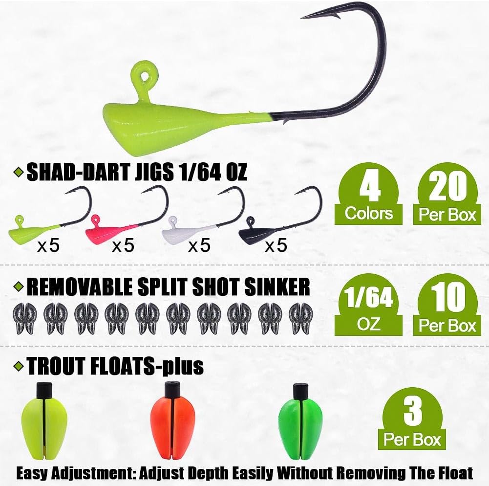 Trout Fishing Lure Kit - 165-Piece Set with Split Tail Grub Worms, Shad Dart Jig Heads & Floats | Ideal for Creek & River Fishing
