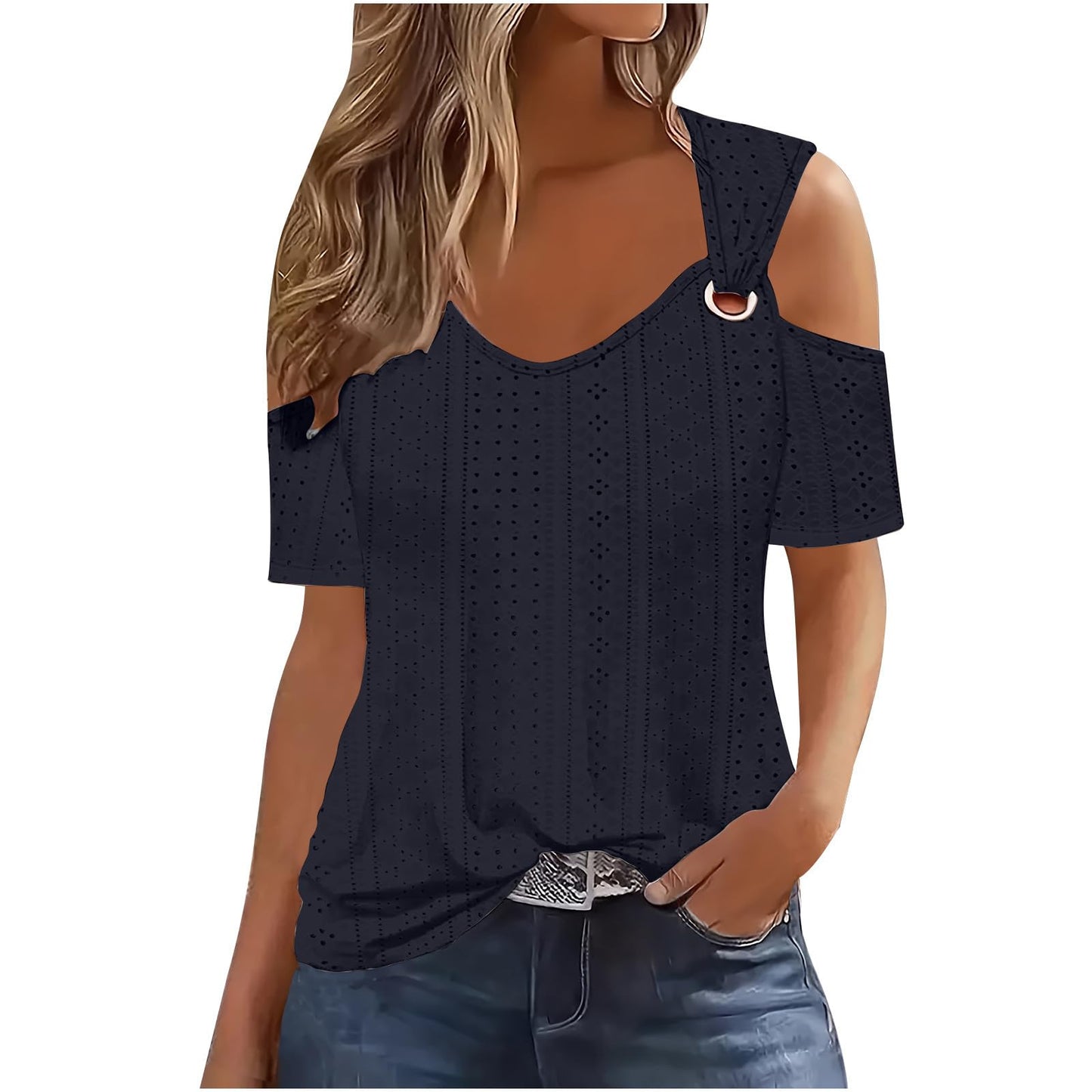 Deals of The Day Lightning Today Prime Outdoor My Orders Eyelet Tops for Women Casual Notched V Neck Tops Summer Cold Shoulder Blouse Tunic Tops for Leggings Going Out 2024 Navy,M