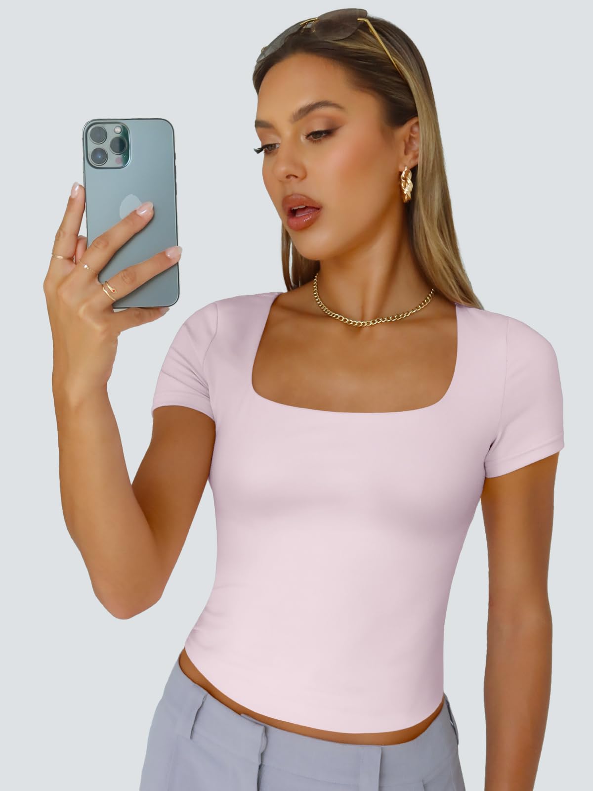 Trendy Queen Womens Double Lined Short Sleeve Square Neck Crop Tops Pink