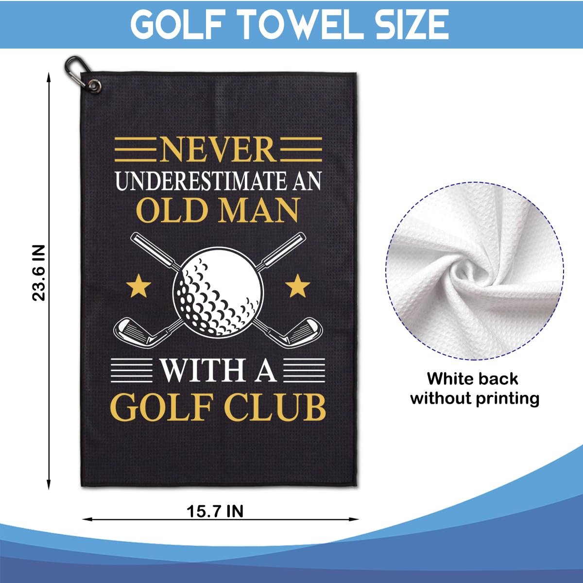 GEYGIE Never Underestimate an Old Man with A Golf Club Printed Microfiber Golf Towel, Funny Golf Towel Gifts and Golf Accessories for Men Dad Grandpa, Birthday Gift for Golf Lover