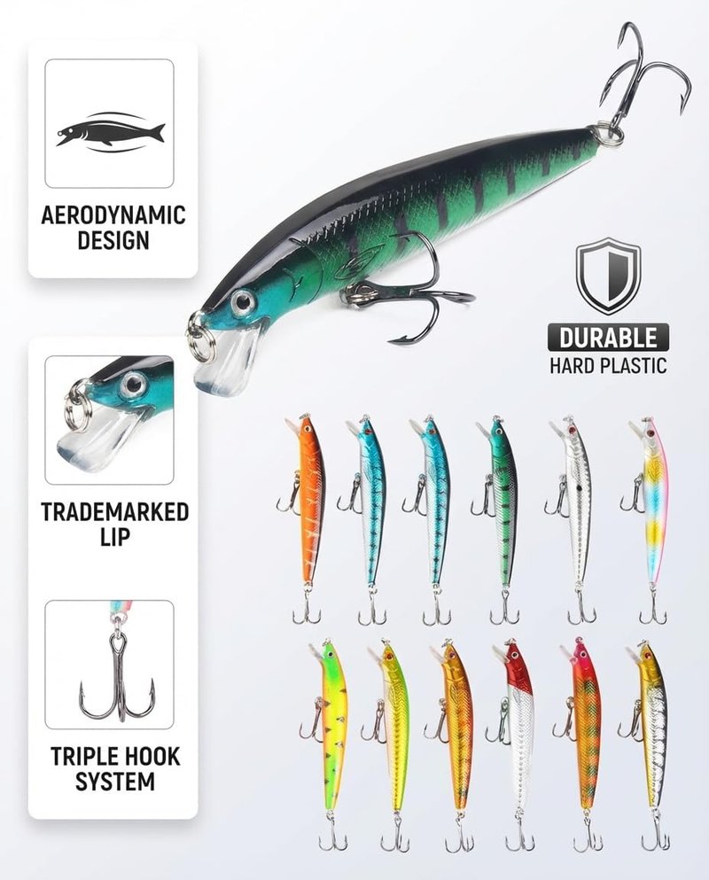 Fishing Lures Kit - 10 Pack 3D Artificial Minnow Crankbait & Swimbait for Freshwater & Saltwater Fishing | Bass, Trout, Walleye, Redfish