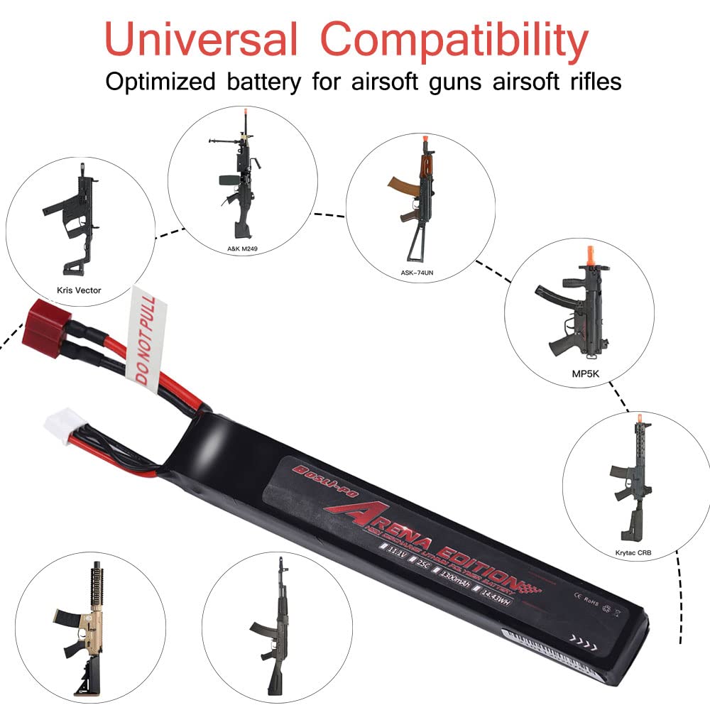 BosLi-Po 11.1V Lipo Battery Airsoft Battery 1300mAh 3S 25C Rechargeable High Capacity LiPo Battery with T Plug Connector and T Plug to Mini Tamiya Cable for Airsoft Guns