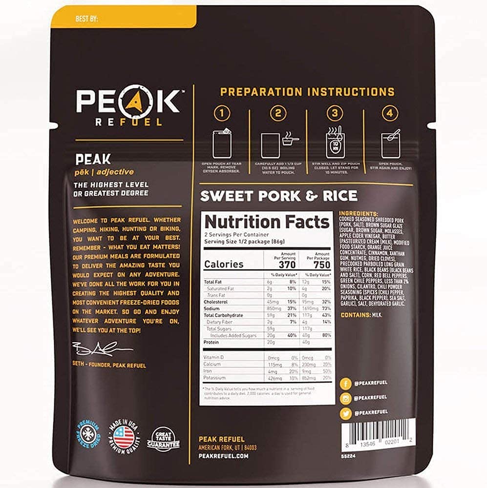 Peak Refuel Sweet Pork & Rice | Premium Freeze Dried Camping Food | Backpacking & Hiking MRE Meals | Just Add Water | 100% Real Meat | 40g of Protein | 2 Serving Pouch