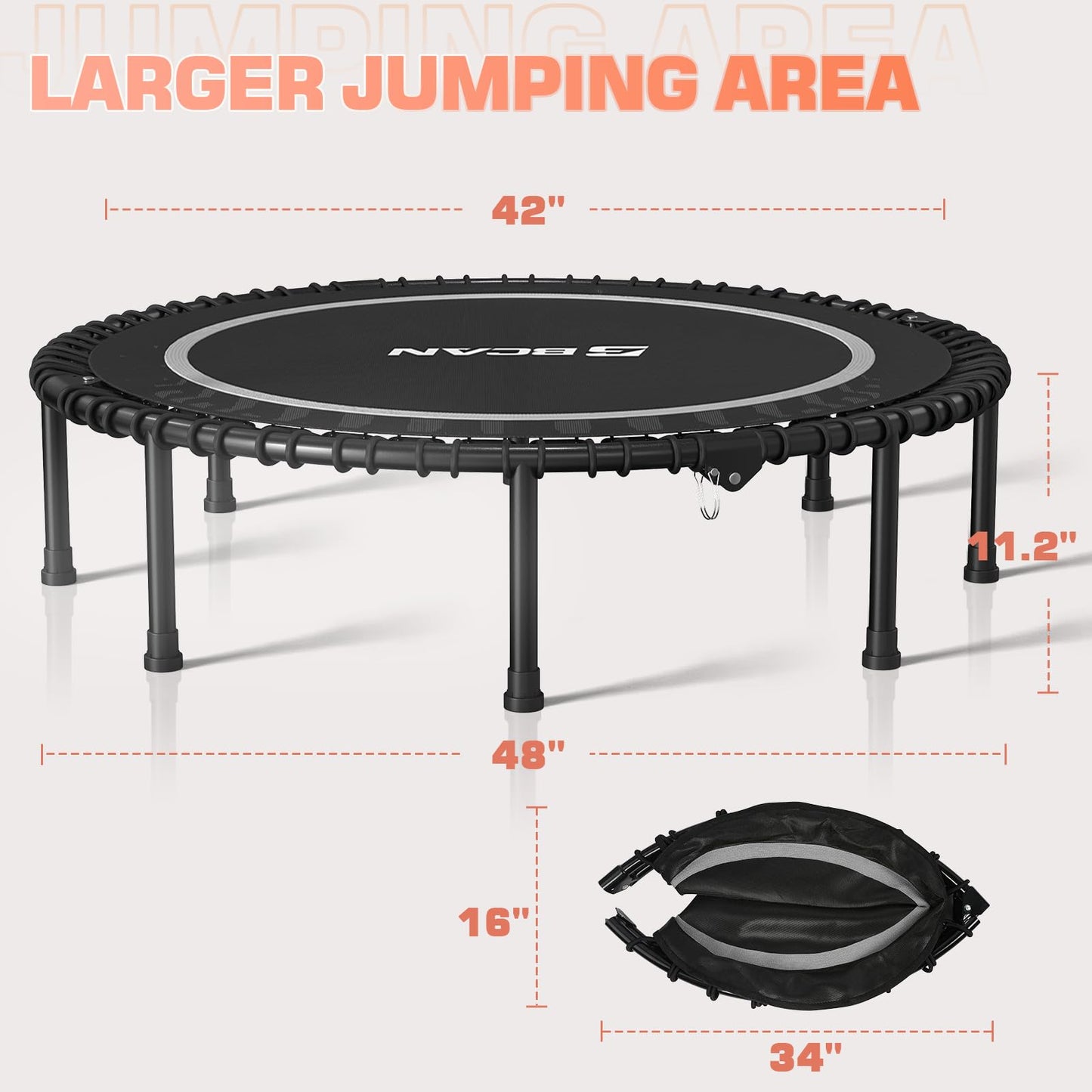 BCAN 48" Foldable Mini Trampoline, Silent Bungee Cord, Stable & Quiet Exercise Rebounder for Kids Adults Indoor/Garden Workout Max 550LBS - Silver