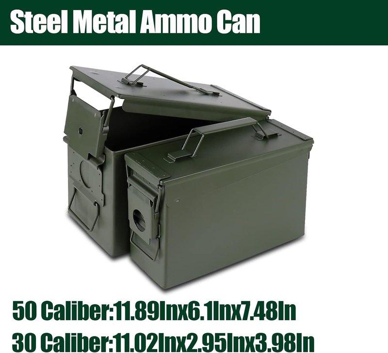 Steel Ammo Can Case Set - 30 Cal & 50 Cal Military Storage Box for Shotgun, Rifle & Nerf Gun Ammo | Durable Flip Top Design