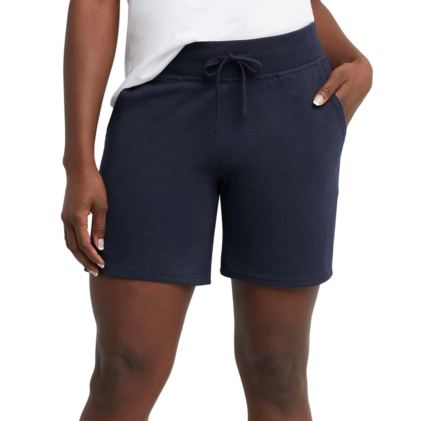 Hanes Women's Pocket Drawstring Cotton 7in Inseam Shorts Coat, Navy, Large