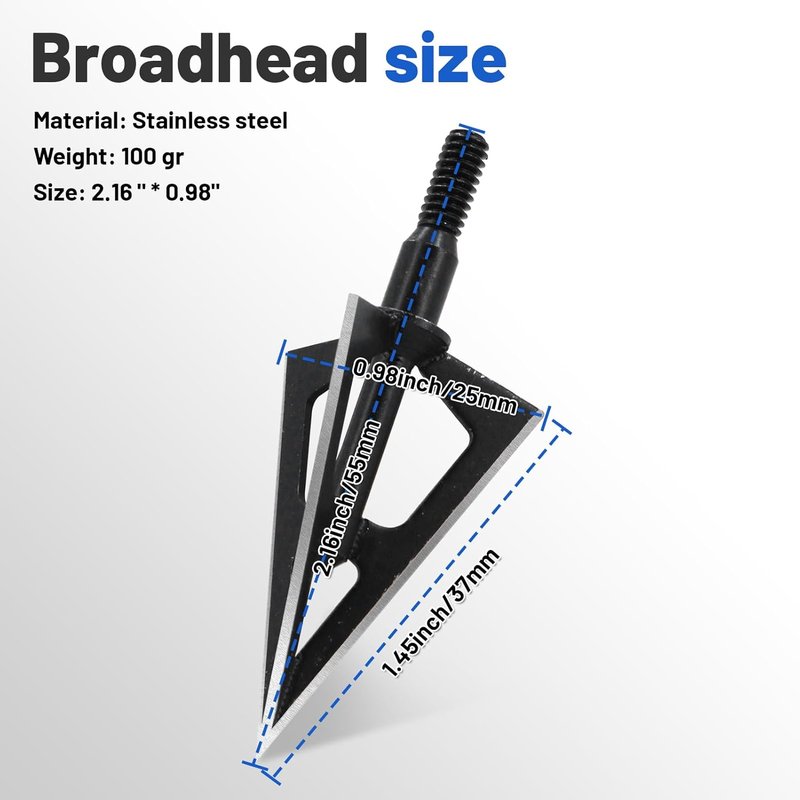 Broadhead Arrow Tips - 100 Grain Stainless Steel Archery Tips for Hunting | 6/12 Pack