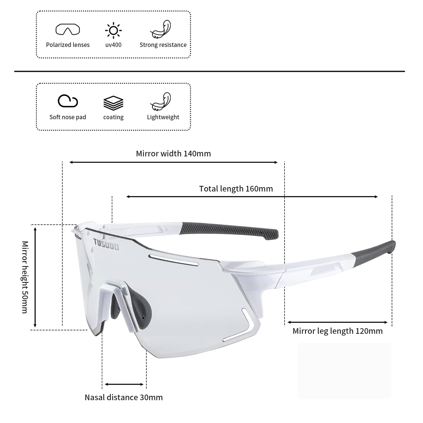 TOSUOD Fit Over Sunglasses for Cycling | Over Prescription Glasses | White Frame with Photochromic Lenses (Clear to Dark)
