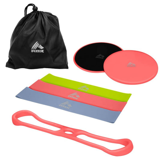 RBX 5 Piece Home Gym Workout Kit - Light, Medium, Heavy Resistance Bands, Figure 8 Resistance Tube, Pilates Core Sliders & Carry Bag