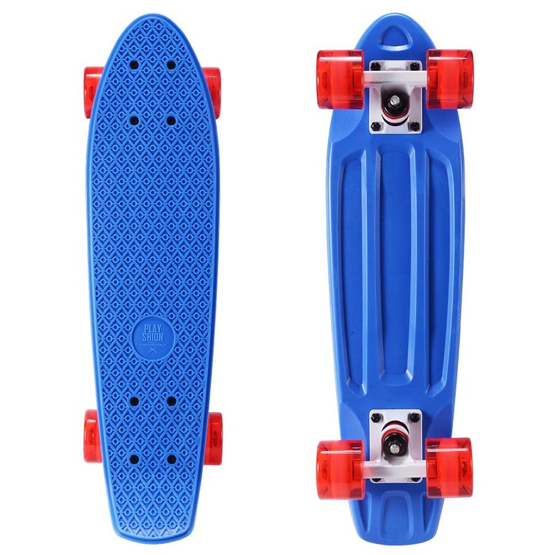 Playshion Kids Skateboard | 22" x 6" | Sturdy Fiberglass Deck Components - Hold up to 220 lbs | Designed for Boys, Girls and Teens (Blue/Clear Red)