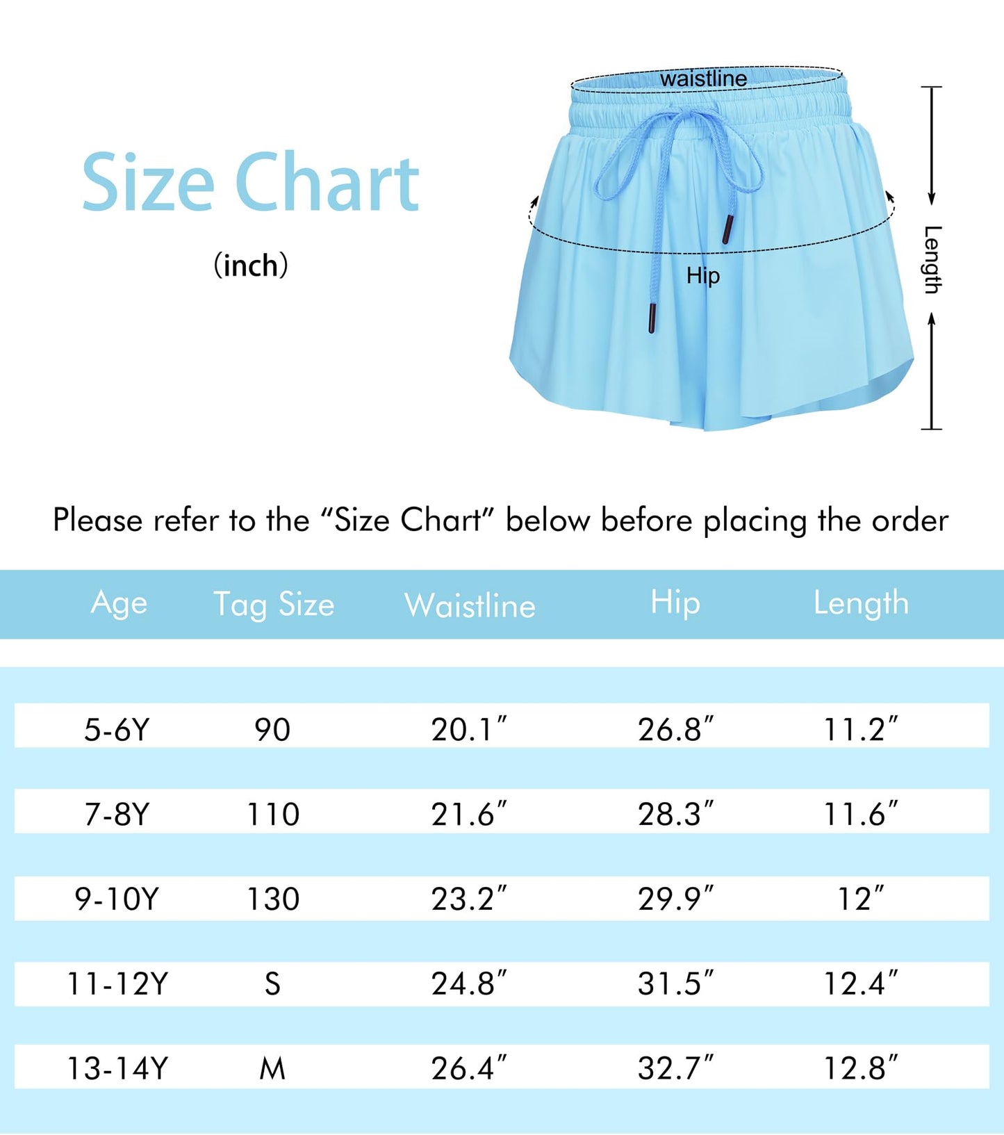 Kids Girls Athletic Flowy Shorts for Running Sports Fitness Active Workout Youth Butterfly Elastic Waist Skirts Shorts (Light Blue, M)