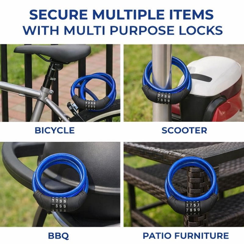 Bike Lock Cable 4 Ft Resettable Combination Bicycle Lock 10mm Steel for Bikes Scooters Gates Outdoor Use Blue