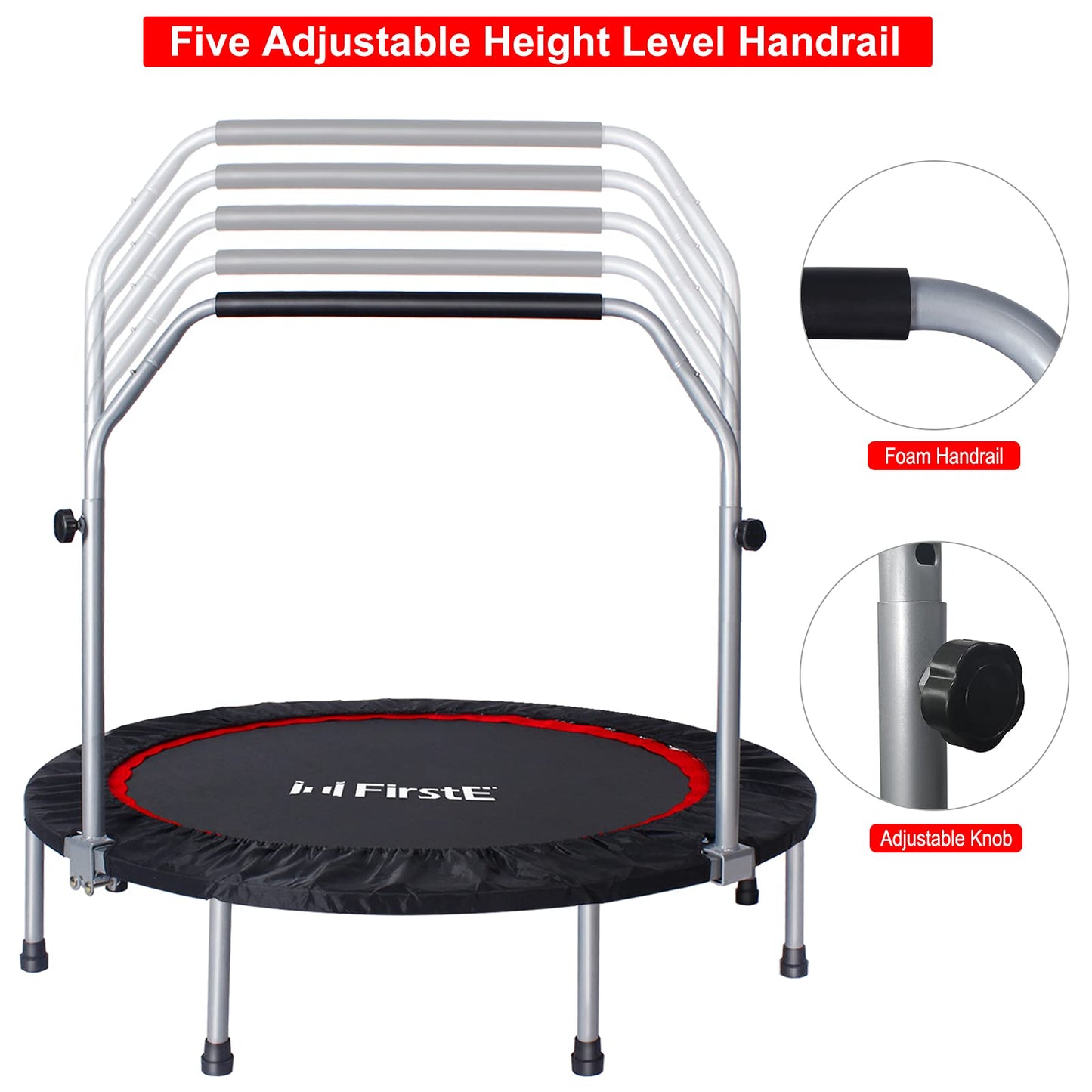 50 Inch Mini Fitness Trampoline for Adults, Foldable Exercise Trampoline with 5 Levels Adjustable Foam Handle, Rebounder Trampoline for Bounce Workout Indoor/Garden Max Load 440lbs