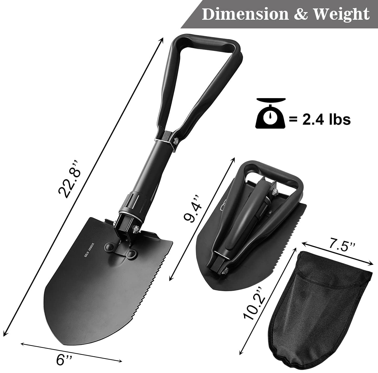 Military Folding Camping Shovel, High Carbon Steel Survival Shovel Entrenching Tool Handle with Carrying Pouch (Charcoal Black)