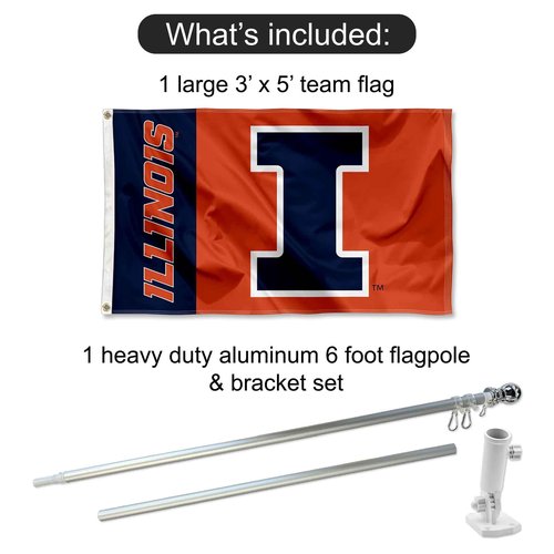College Flags & Banners Co. New Logo Flag for Fighting Illini and Pole Bracket Mount Bundle