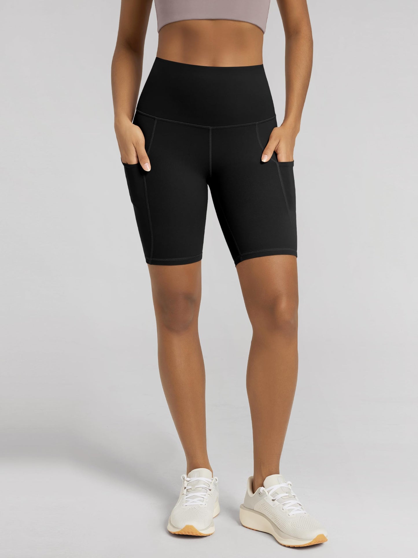 ODODOS 8" Tummy Control Biker Shorts for Women with Pockets High Waist Running Workout Athletic Yoga Shorts, Black, Medium