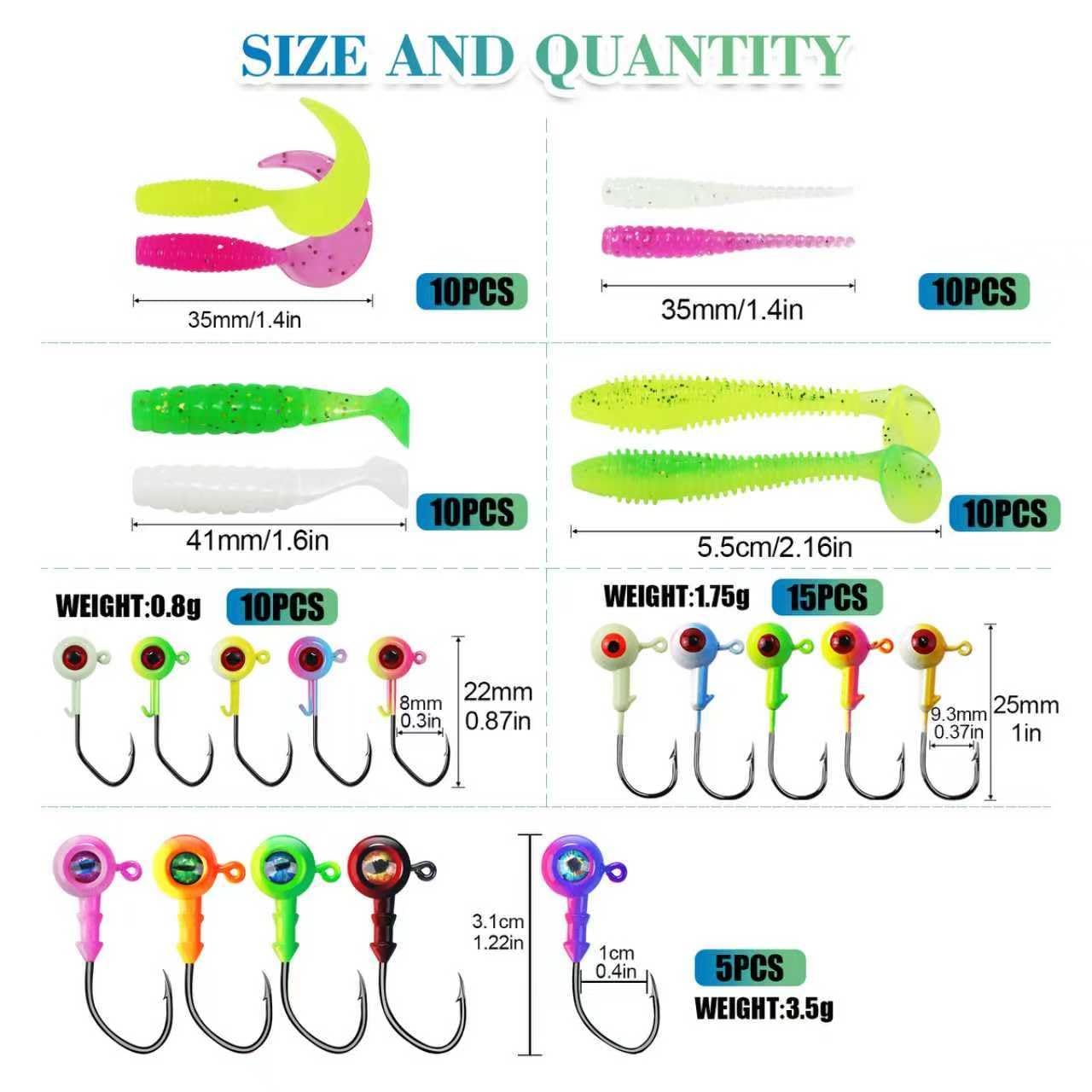 CWSDXM Fishing Lures Kit, Assorted Soft Baits with Jig Heads and Tackle Box
