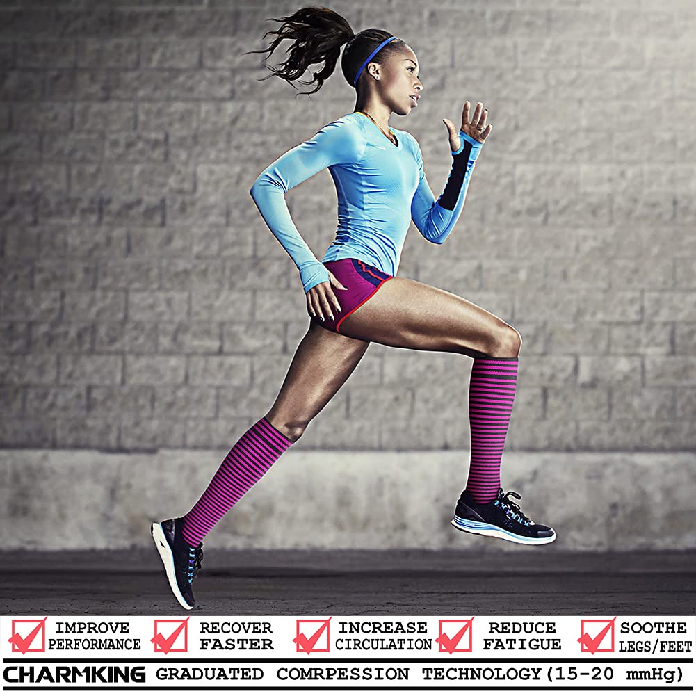CHARMKING Compression Socks for Women & Men (8 Pairs) 15-20 mmHg Graduated Copper Support Calf Socks are Best for Pregnant, Nurses - Boost Performance, Circulation, Knee High Wide Calf(L/XL, Multi 41)