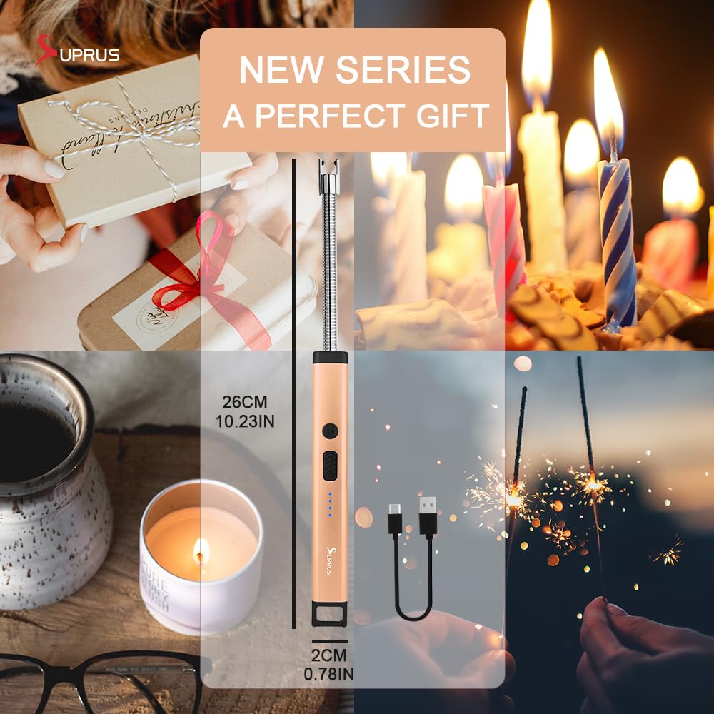 SUPRUS Rechargeable Candle Lighter Electric Arc Triple Safety Long Lighter Stainless Steel Shell & Hanging Hook (Peach Fuzz)
