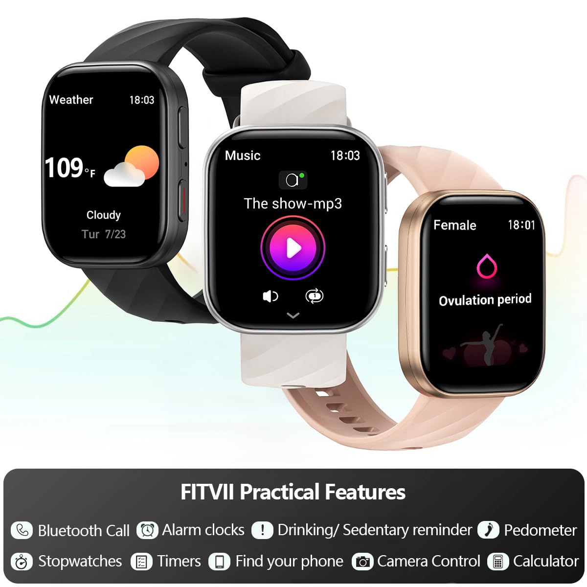 FITVII Health & Fitness Tracker 2024 (Answer/Make Calls), Smart Watch with 24/7 Heart Rate and Blood Pressure, Sleep Tracking, Blood Oxygen Monitor, 120+ Sport Mode Waterproof Activity Tracker