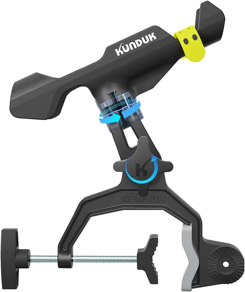 Fishing Rod Holder - 360° Dual Rotation with Button-Lock & Silicone Strap | Adjustable V-Clamp for Round/Square Tubes