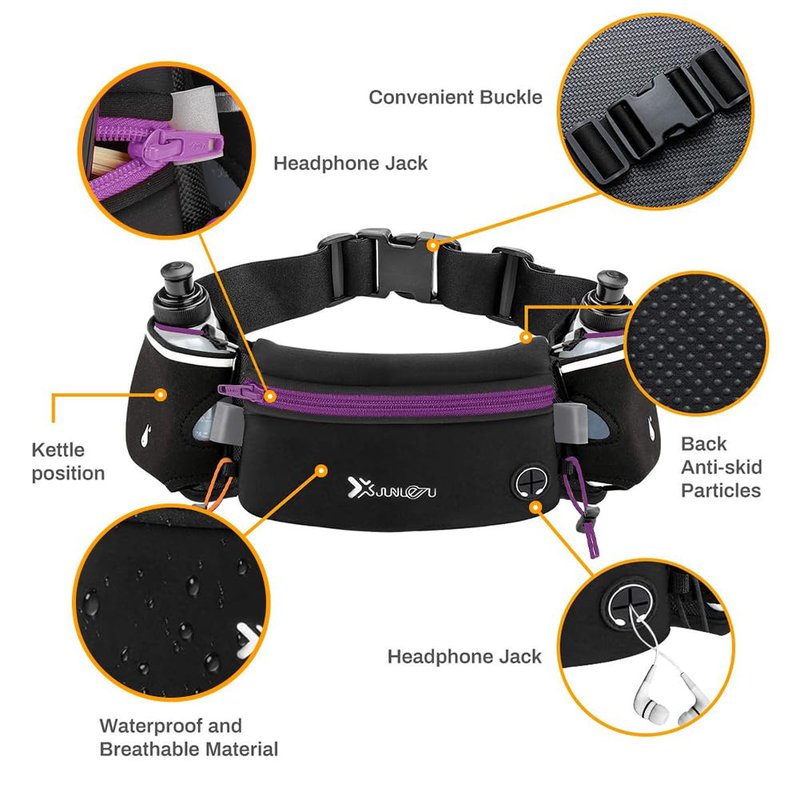 Number-one Running Belt with Water Bottles(2 x 175ML), Hydration Belt Waterproof Waist Pack Bag Fits iPhones Adjustable Sports Waist Pouch for Marathon Running Hiking Cycling, Purple