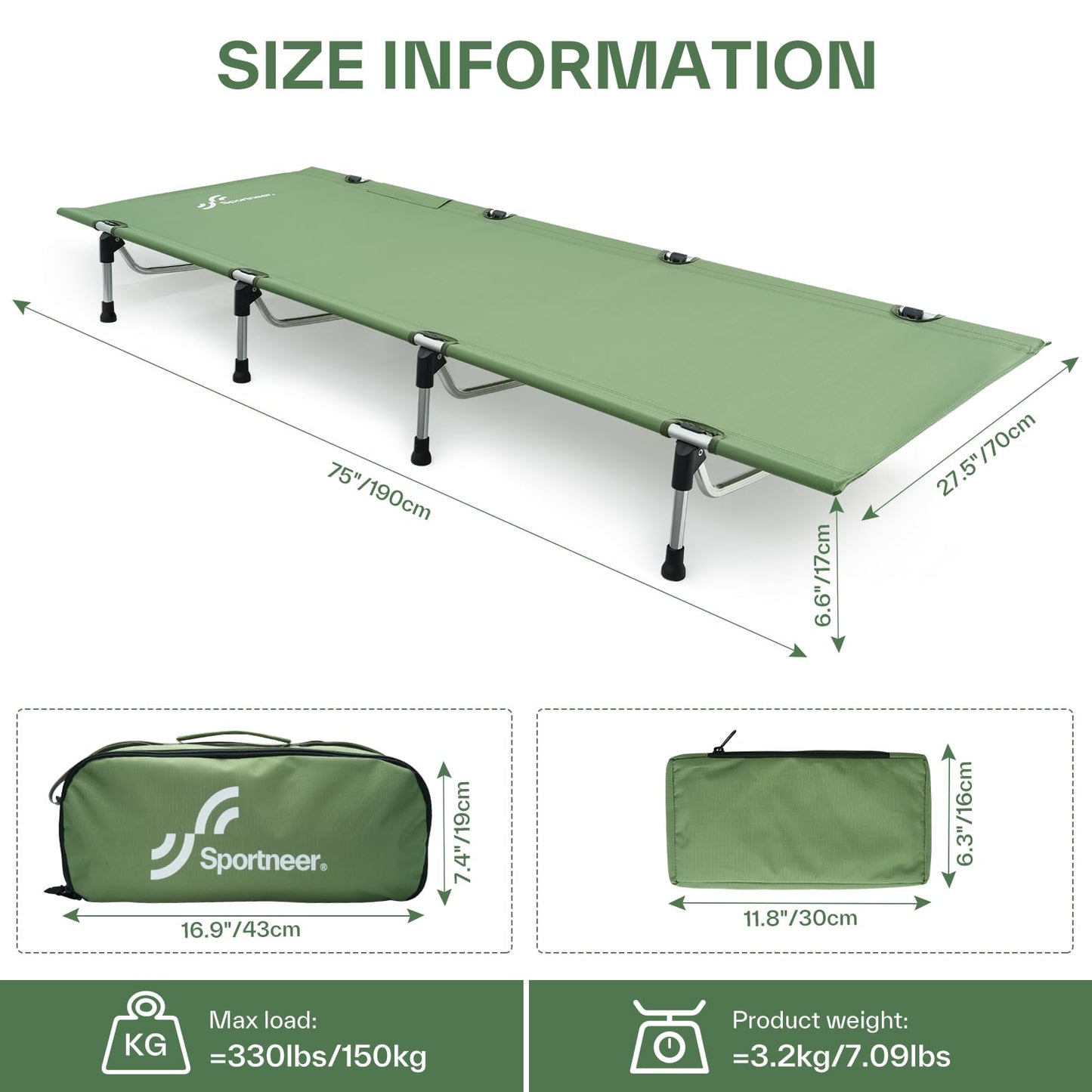 Sportneer Camping Cot, Folding Cots Lever Lock Portable Lightweight Sleeping Camping Bed for Adults Outdoor Travel Backpacking Camp Hiking Supports 330lbs