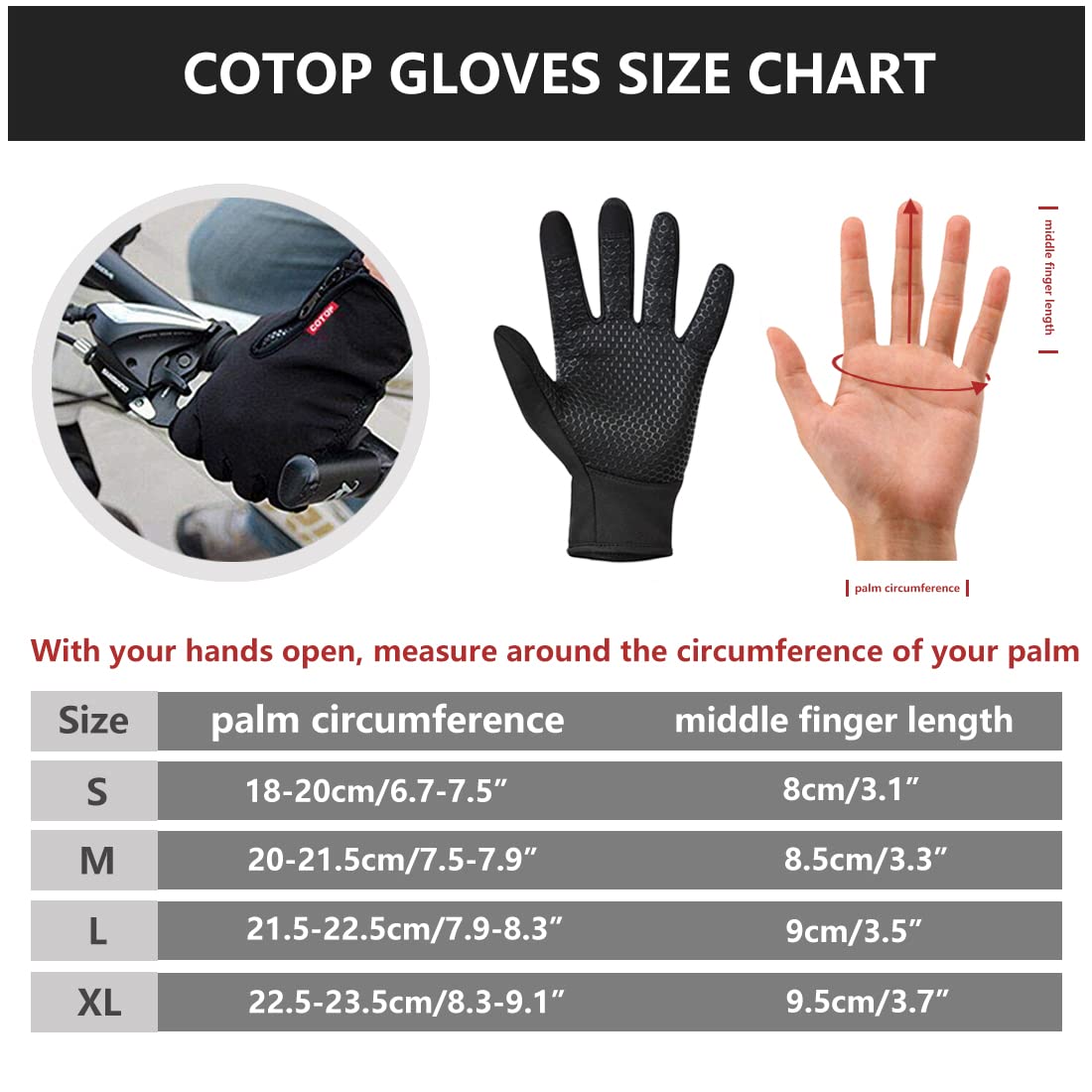 COTOP Winter Sport Glove for Men Women, Warm Touchscreen Gloves with Thin Liner, Waterproof Riding Gloves for Cycling, Running, Hiking, Climbing, Walking, Biking, Driving (Black XL)