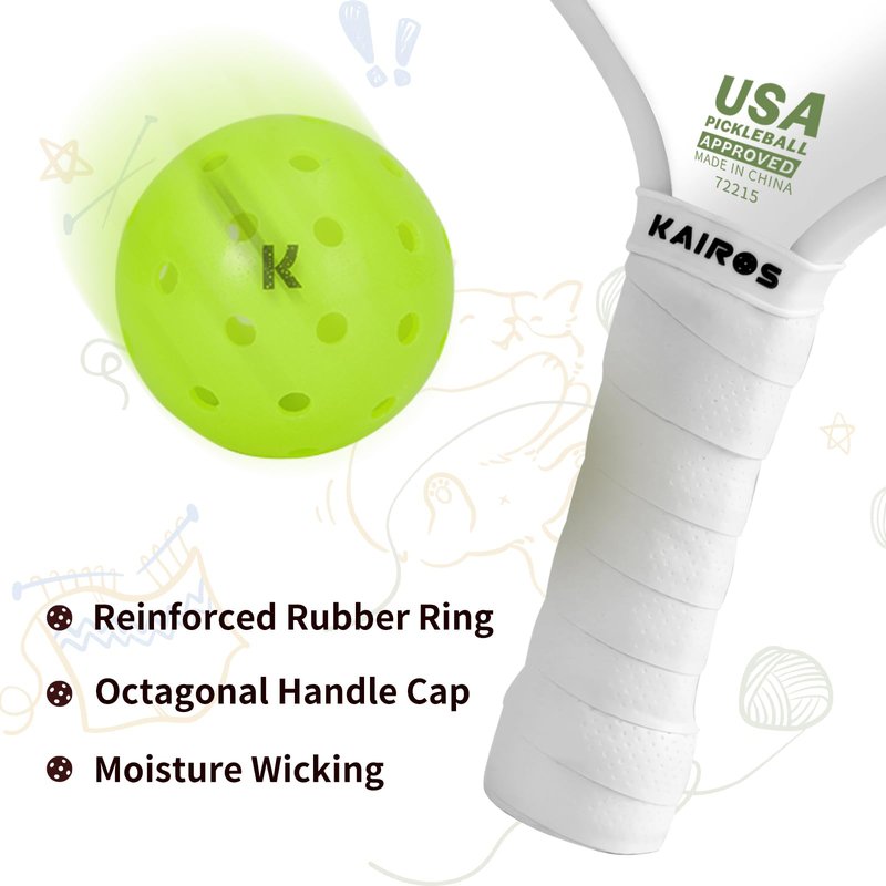 KAIROS Pickleball Paddles, USAPA Approved Pickle Ball Set with 2 Rackets 4 Pickle Balls, Non-Slip Grip Fiberglass Surface Pickleball for Beginners (White)