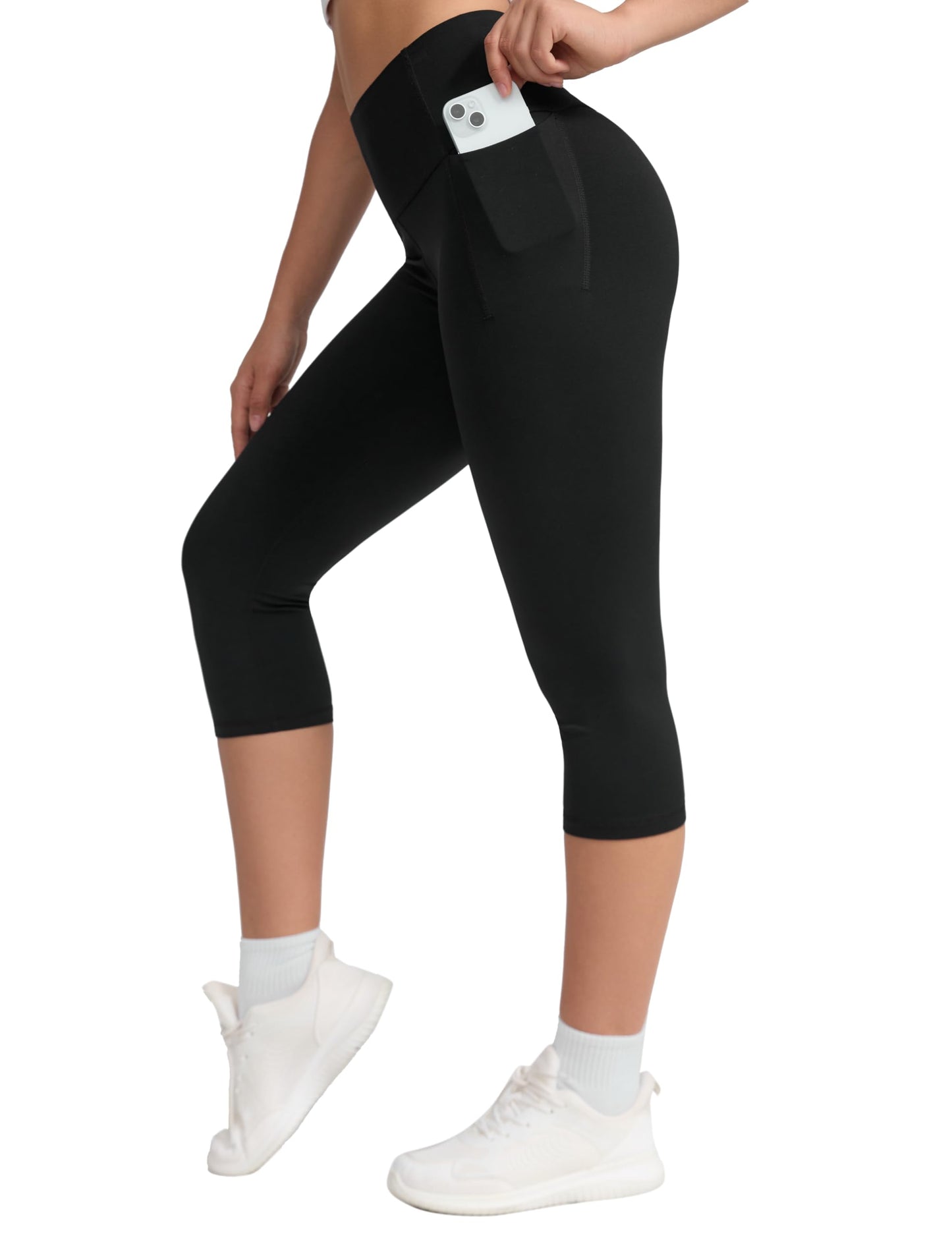 THE GYM PEOPLE Women's High Waist Workout Legging Soft Tummy Control Squat Proof Yoga Running Pants Capris Black