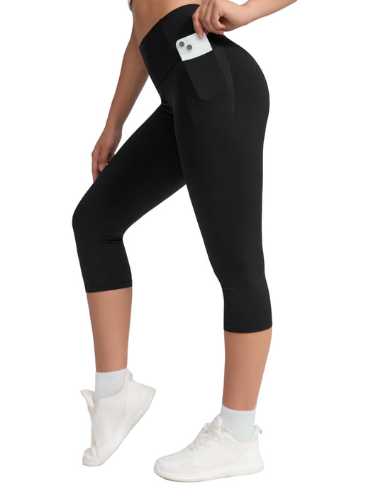 THE GYM PEOPLE Women's High Waist Workout Legging Soft Tummy Control Squat Proof Yoga Running Pants Capris Black