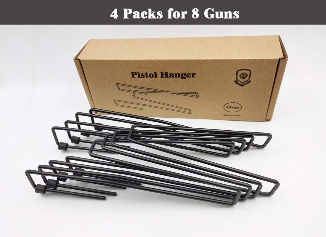 StrongTools Handgun Hanger, Pistol Rack for Gun Safe Shelf or Bookshelf, Pistol Organizer for Displays and Cabinet (4 Packs for 8 Guns)