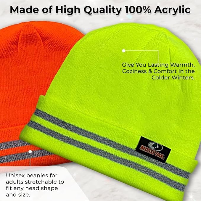 Reflective Rib Knitted Womens & Mens Hats - Warm and Cozy Beanie Hat - Unisex Winter Hat, Orange Set, One Size