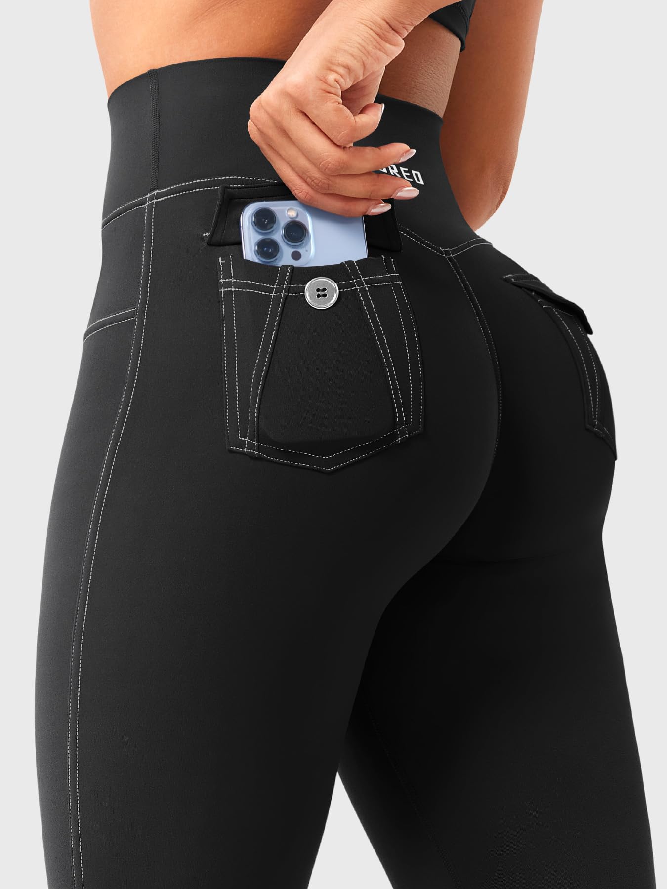 YEOREO CoreFlex Women Workout Mini Flare Leggings with Pockets Hidden Scrunch High Waisted Cargo Gym Casual Denim-Look Yoga Pants Black L